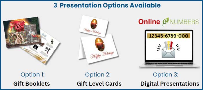 Three employee holiday gift options: gift booklets, gift level cards and digital emailed presentations