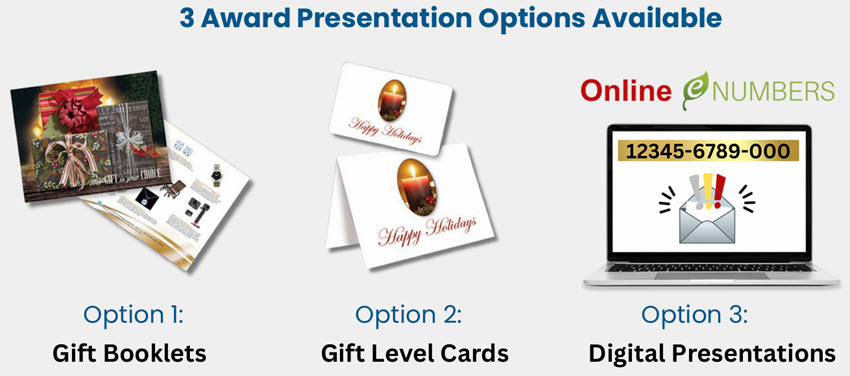 Three employee Christmas gift options: gift-of-choice booklet, card and note package, and emailed gift